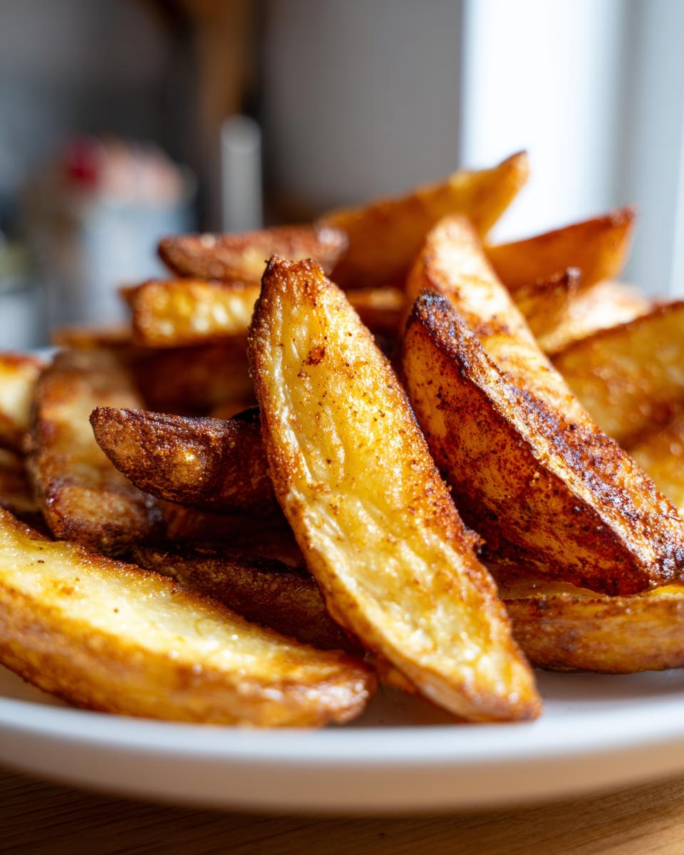 Close-up of a pile of golden brown, crispy air fryer potato wedges seasoned with spices on a white plate.