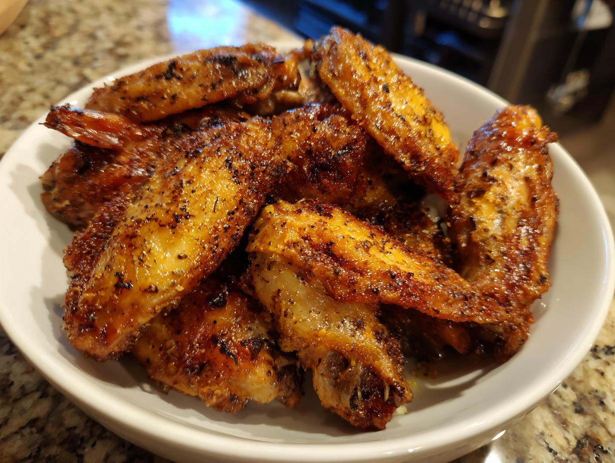 A close-up of perfectly seasoned and crispy baked chicken wings piled high in a white bowl.