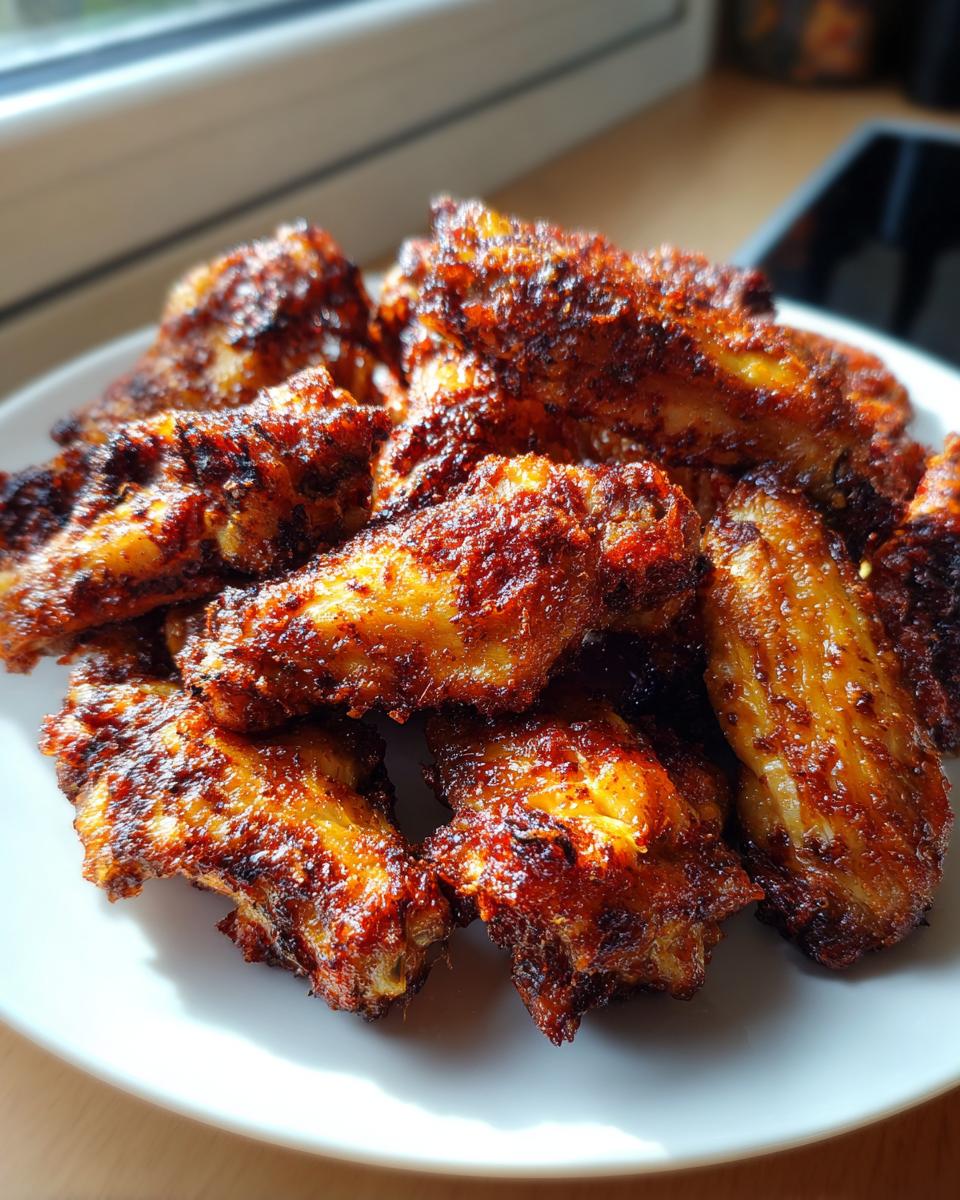 A close-up of a pile of golden-brown, heavily seasoned, crispy baked chicken wings served on a white plate.