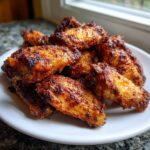 A pile of golden-brown, seasoned, crispy baked chicken wings stacked on a white plate.