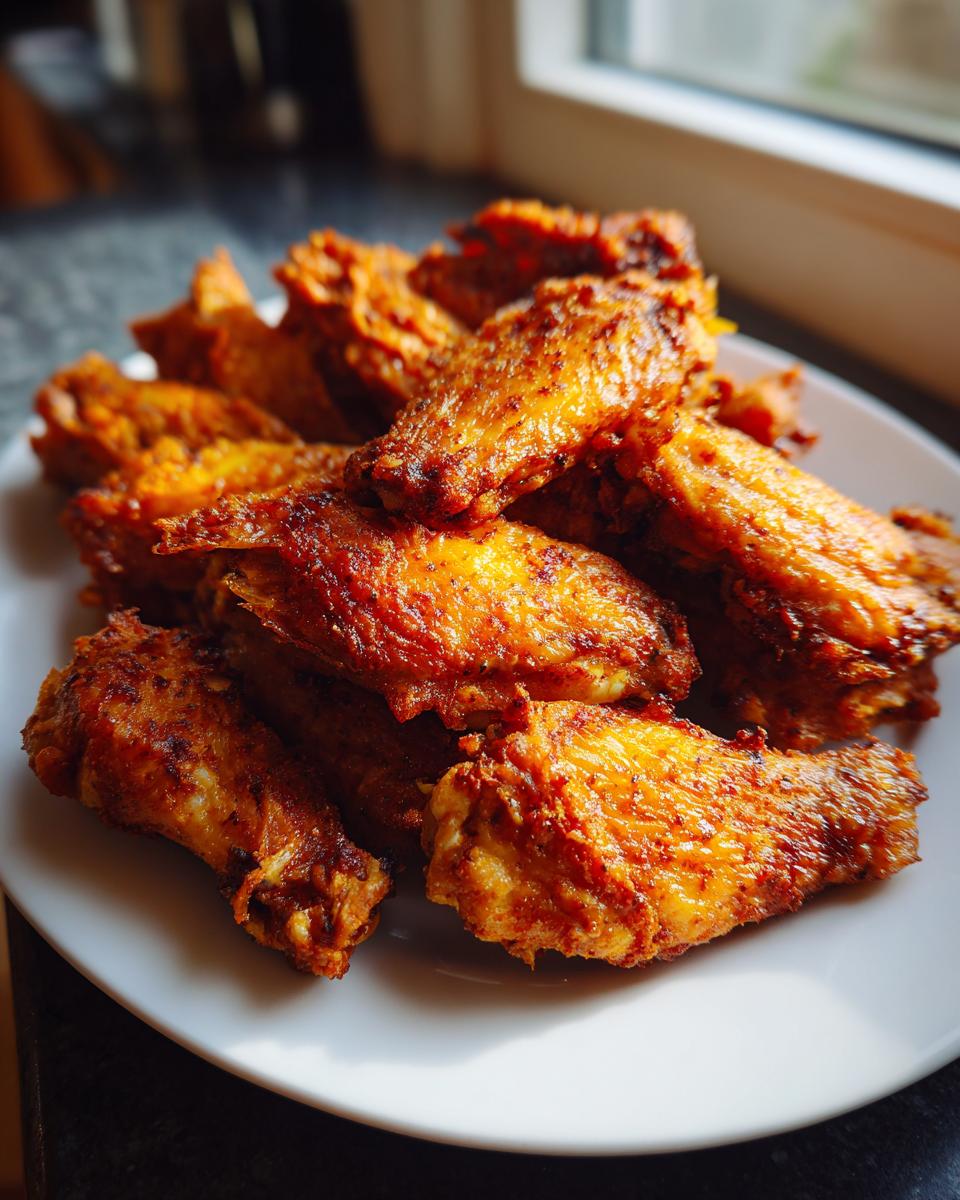 A pile of golden brown, crispy baked chicken wings stacked high on a white plate, ready to eat.