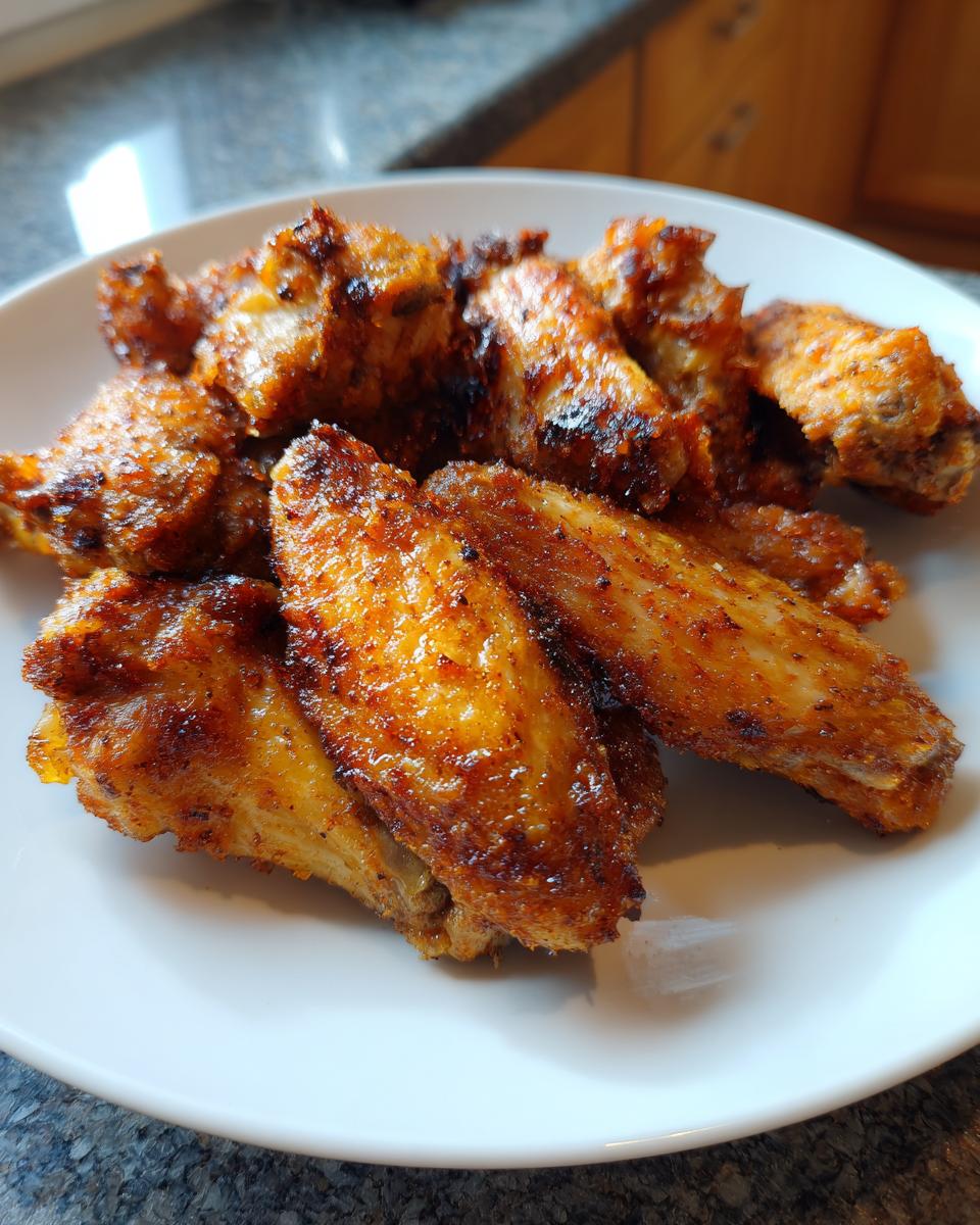 A close-up of several golden brown, seasoned crispy baked chicken wings piled on a white plate.
