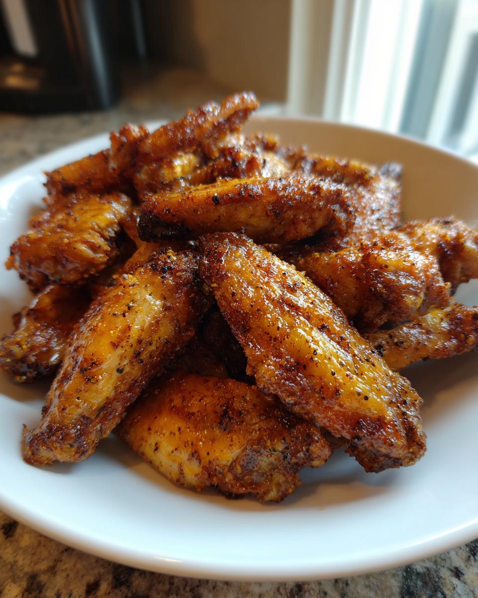 A pile of golden brown, seasoned, crispy baked chicken wings served in a white bowl.