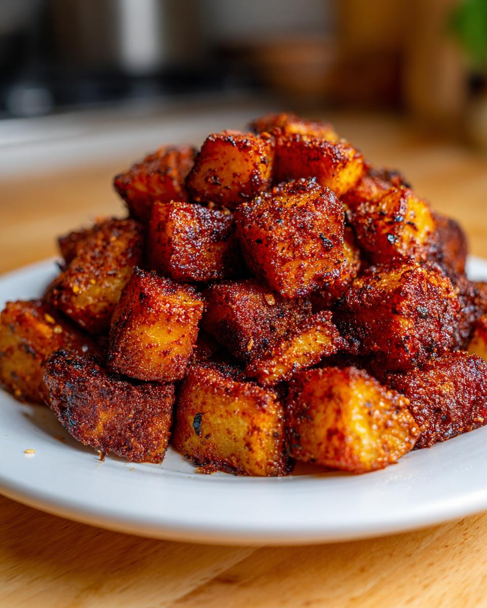 A mound of perfectly crispy, heavily seasoned breakfast potatoes piled high on a white plate.