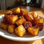 A close-up of perfectly seasoned and crispy breakfast potatoes piled high on a white plate, glistening in the sunlight.