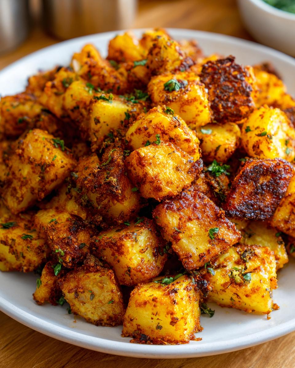 A close-up of perfectly crispy, golden-brown breakfast potatoes seasoned with spices and garnished with parsley.