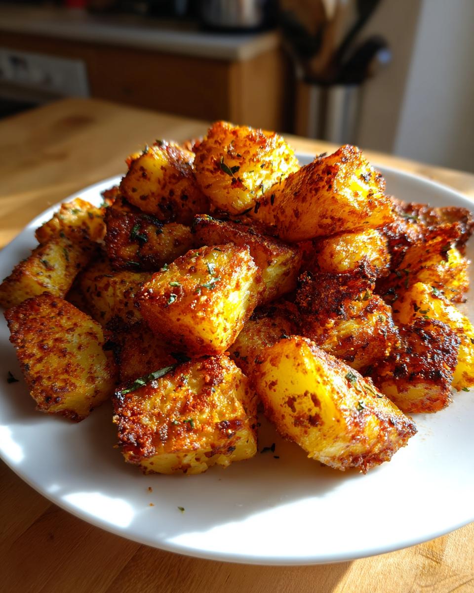 A mound of golden, crispy breakfast potatoes seasoned with spices and herbs served on a white plate.