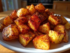 A close-up of perfectly crispy, golden brown breakfast potatoes seasoned with spices, piled high on a white plate.