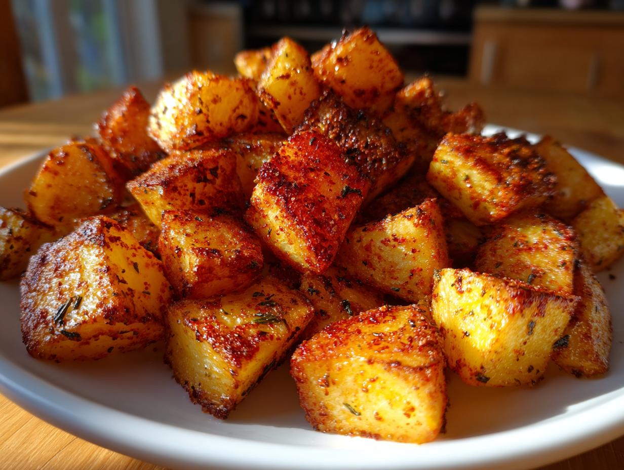 A close-up of perfectly crispy, golden brown breakfast potatoes seasoned with spices, piled high on a white plate.