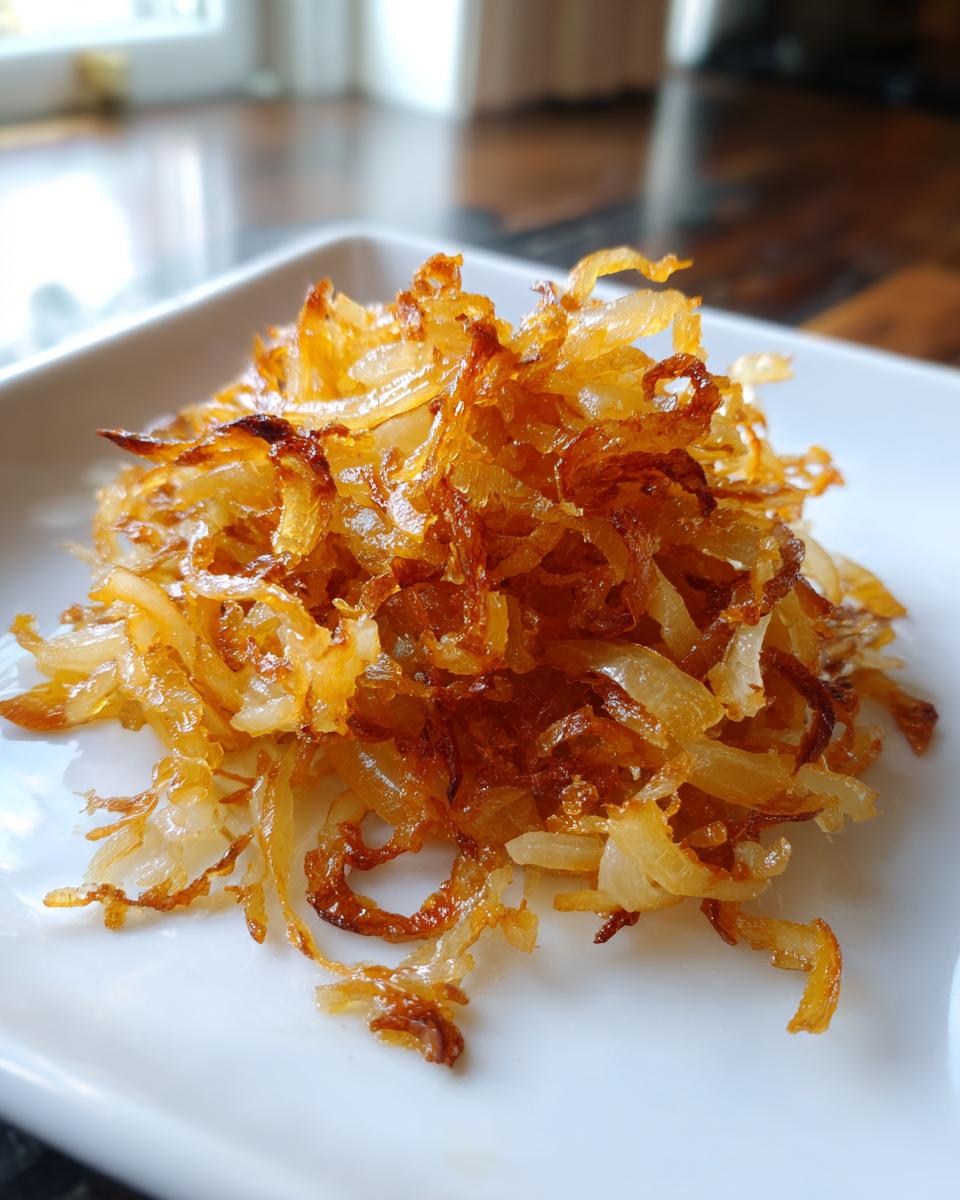 A close-up of a pile of golden brown, crispy caramelized onions served on a white square plate.