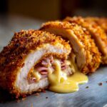 Cross-section of crispy, golden-brown chicken cordon bleu stuffed with ham and oozing melted cheese sauce.