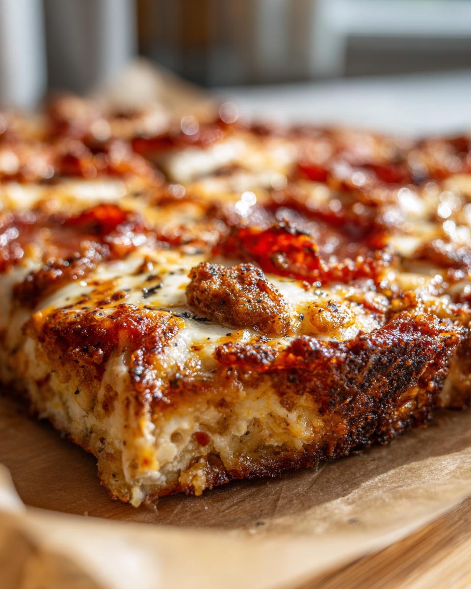 A close-up, macro shot of a thick slice of chicken crust pizza showing the crispy, browned edges and melted cheese.