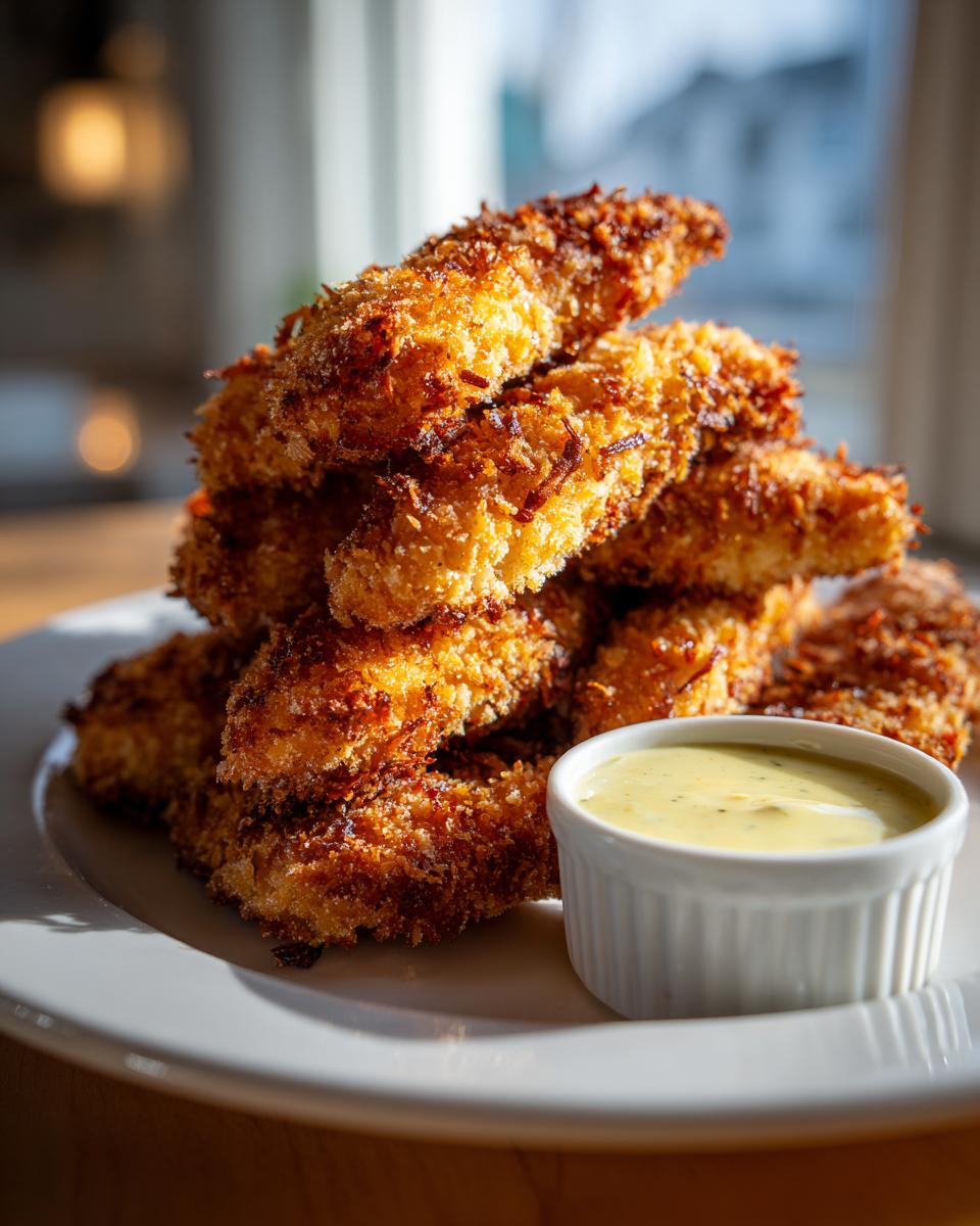 A stack of golden brown, crispy coconut chicken tenders served on a white plate with a side of yellow dipping sauce.