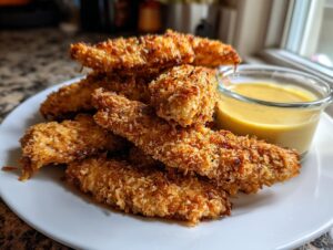A plate of golden brown, crispy coconut chicken tenders served with a small jar of yellow dipping sauce.