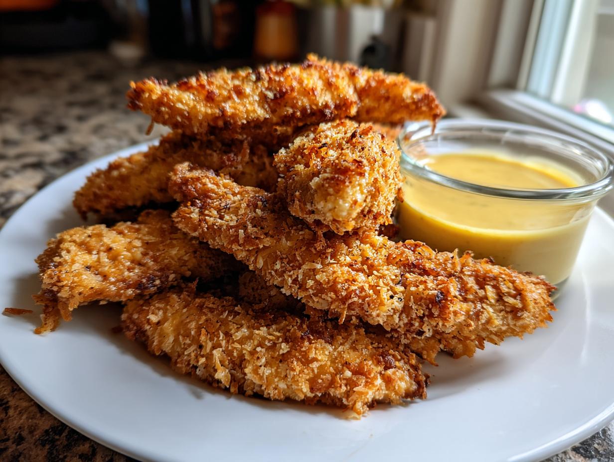 A plate of golden brown, crispy coconut chicken tenders served with a small jar of yellow dipping sauce.