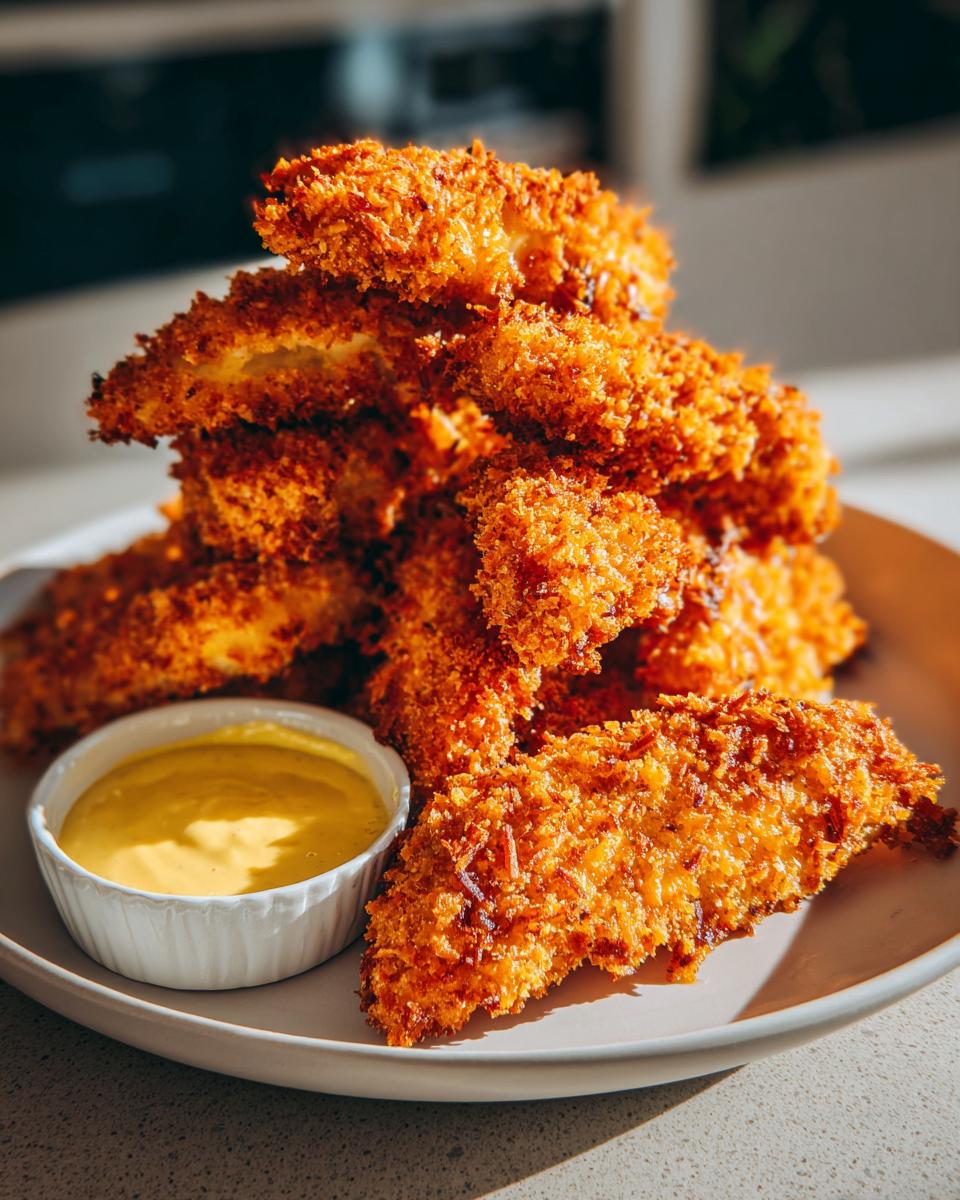A stack of golden brown, crispy coconut chicken tenders served with a small bowl of yellow dipping sauce.