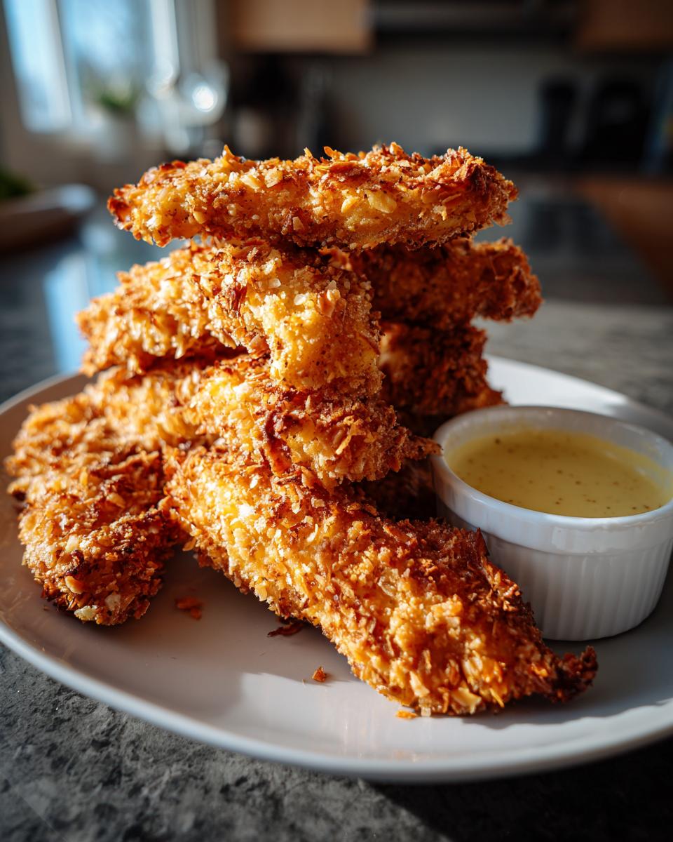 A stack of golden brown, crispy coconut chicken tenders served with a small white ramekin of dipping sauce.
