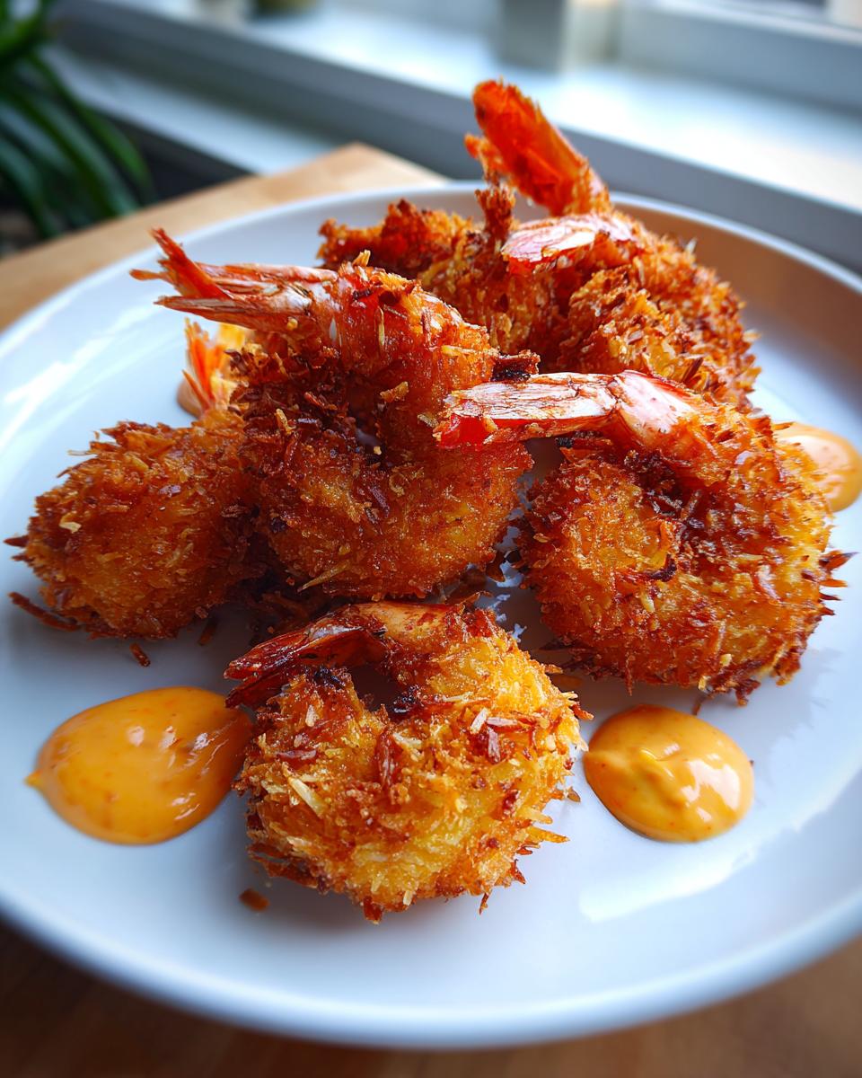 A plate of golden brown, crispy coconut shrimp served with dollops of orange dipping sauce.