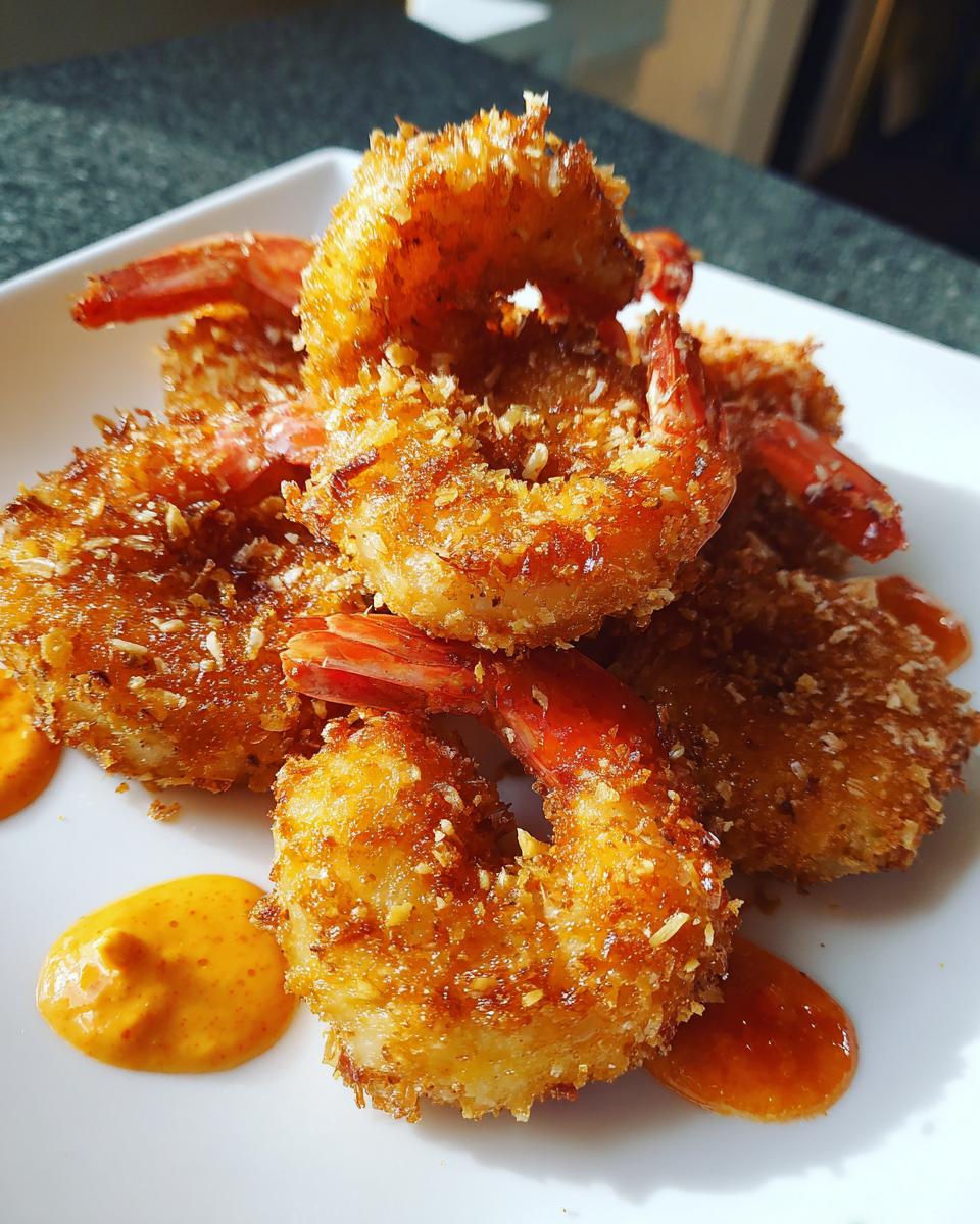 A stack of golden brown, crispy coconut shrimp served on a white plate with drops of orange dipping sauce.