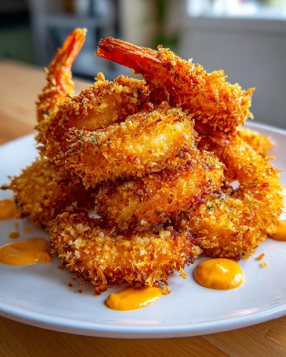 A tall stack of golden brown, crispy coconut shrimp served on a white plate with dots of orange dipping sauce.