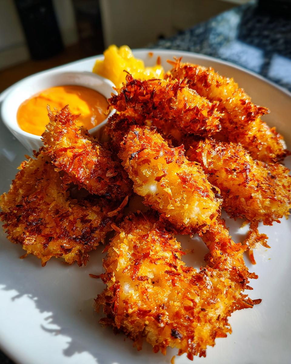 A close-up of golden brown, crispy coconut shrimp served with a side of orange dipping sauce and pineapple chunks.