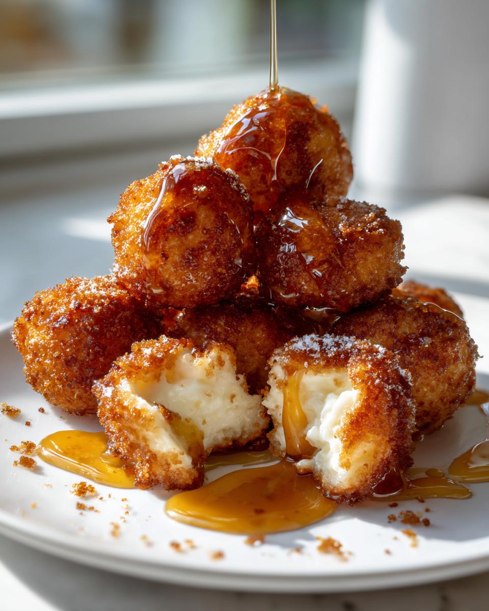 A stack of crispy fried goat cheese balls being drizzled with honey, with one broken open showing the soft interior.