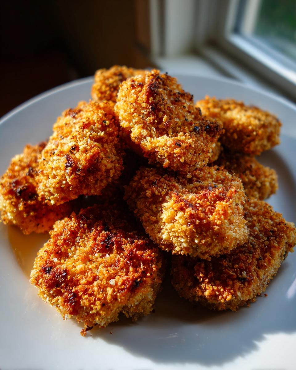 A close-up of several golden brown, crispy homemade chicken nuggets piled high on a white plate, lit by sunlight.