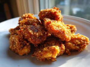 A close-up of golden brown, crispy homemade chicken nuggets piled high on a white plate, catching the sunlight.