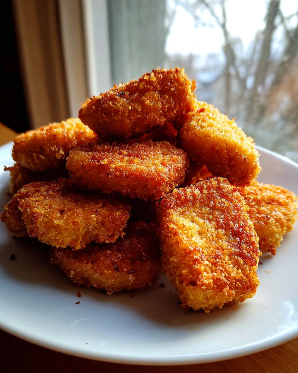A close-up stack of golden brown, crispy homemade chicken nuggets piled high on a white plate.