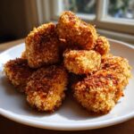 A pile of golden brown, crispy homemade chicken nuggets stacked high on a white plate near a window.