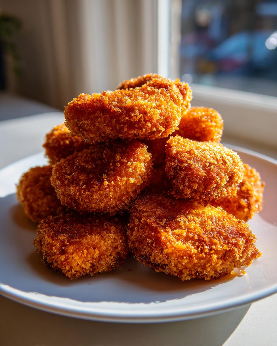 A stack of golden brown, crispy homemade chicken nuggets piled high on a white plate.