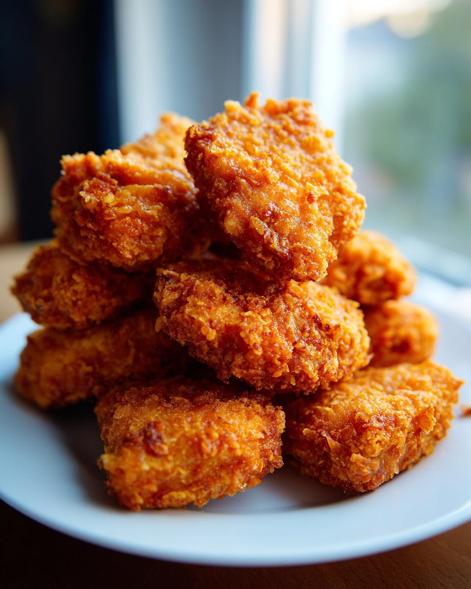 A close-up stack of golden brown, crispy homemade chicken nuggets piled high on a white plate.