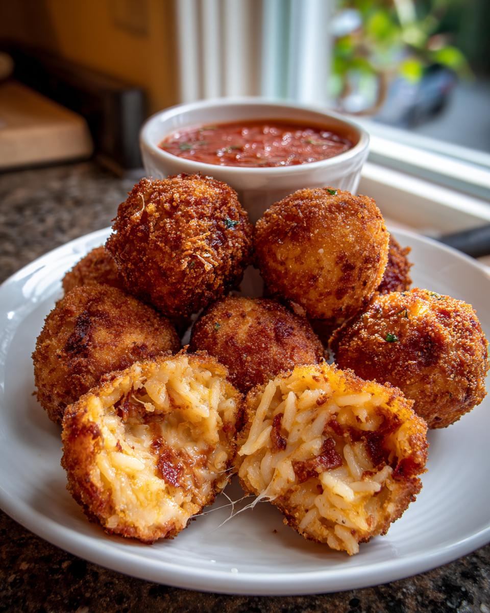 A plate of crispy, golden brown rice balls, one cut open showing cheesy rice filling, served with a side of marinara sauce.
