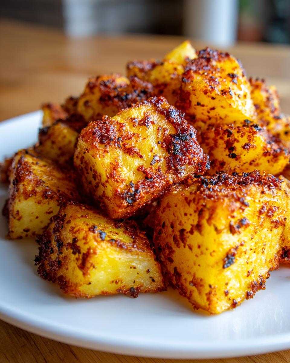 Close-up of perfectly crispy, golden-brown breakfast potatoes seasoned with spices.