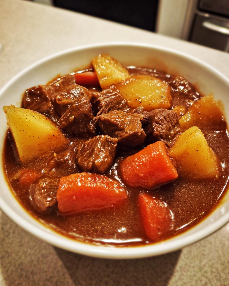 Close-up of a bowl filled with rich, dark crockpot beef stew featuring tender beef chunks, potatoes, and carrots.