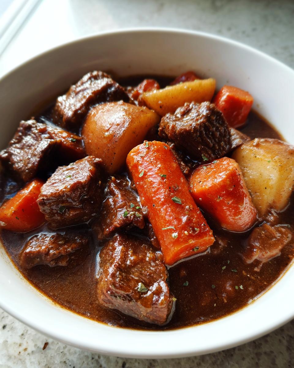 Close-up of tender beef chunks, carrots, and potatoes in rich gravy from the crockpot beef stew.