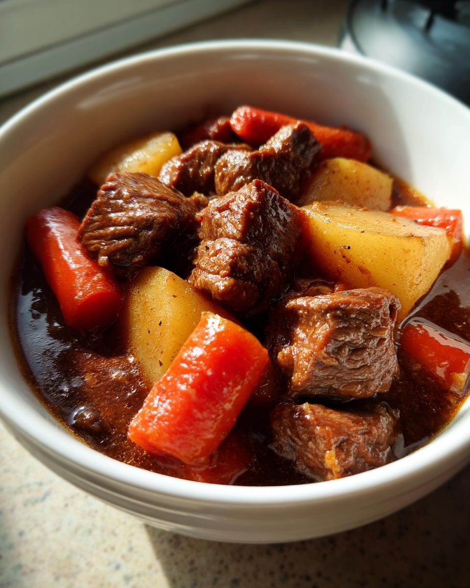 A close-up view of rich, dark crockpot beef stew featuring tender beef chunks, bright orange carrots, and potatoes in a white bowl.