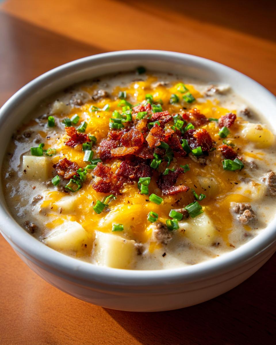 Close-up of a bowl of creamy crockpot cheeseburger soup with potatoes, melted cheddar, bacon bits, and chives.