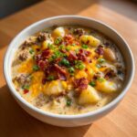 A close-up of a bowl of creamy crockpot cheeseburger soup loaded with potatoes, ground beef, melted cheddar, bacon bits, and chives.