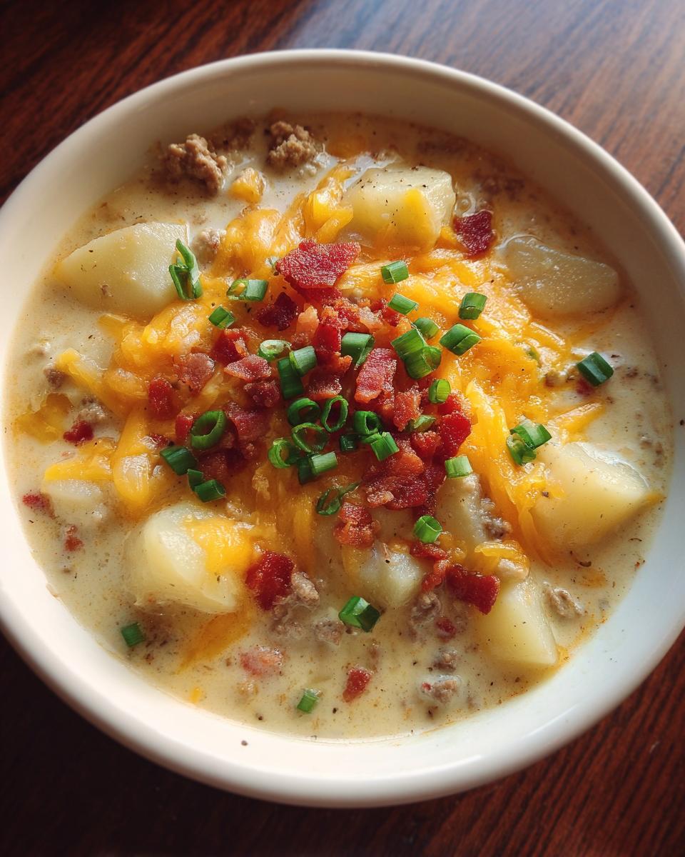A close-up bowl of rich crockpot cheeseburger soup topped with melted cheddar, bacon bits, and green onions.
