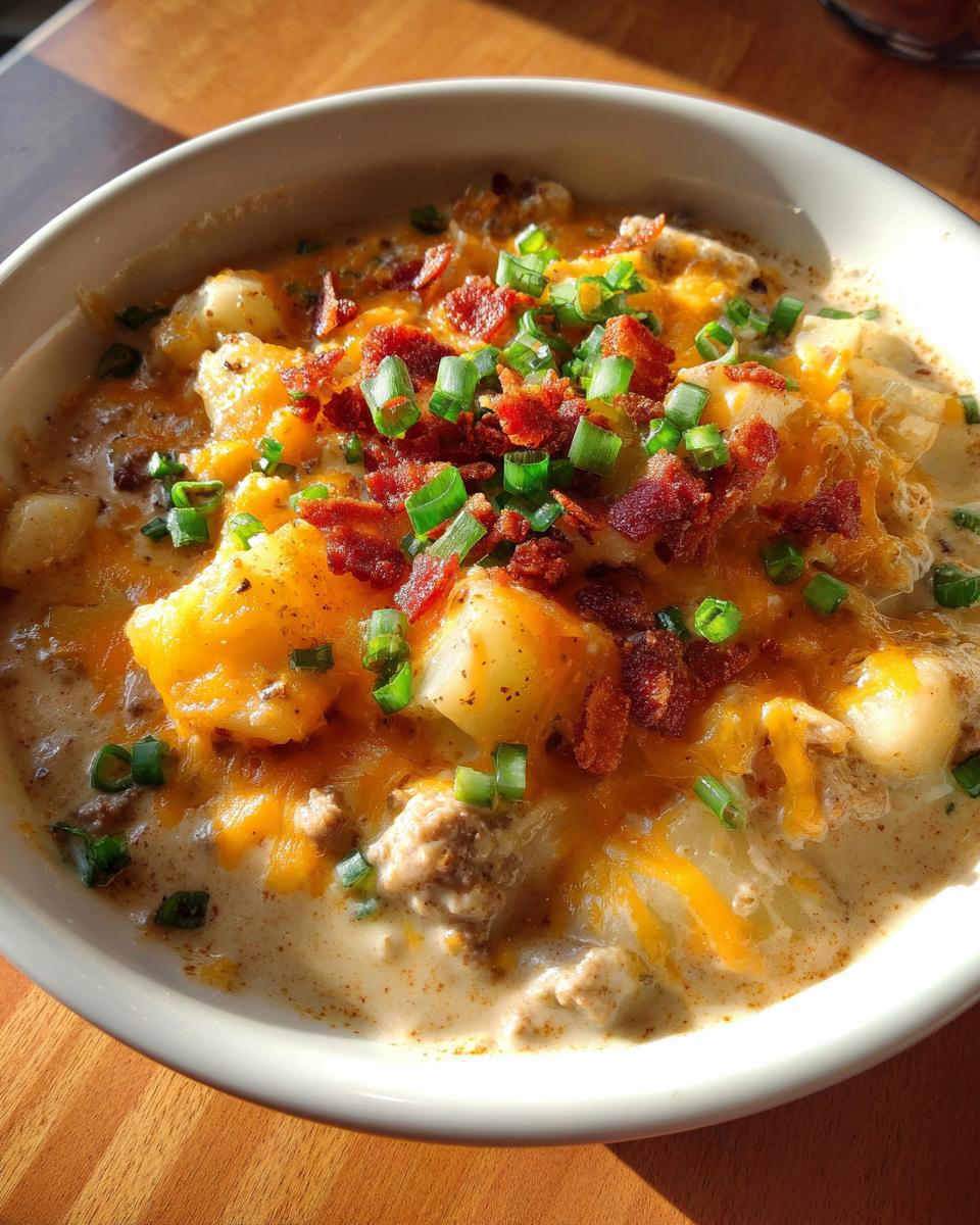 A close-up of thick crockpot cheeseburger soup topped with melted cheddar, bacon bits, and fresh green onions.