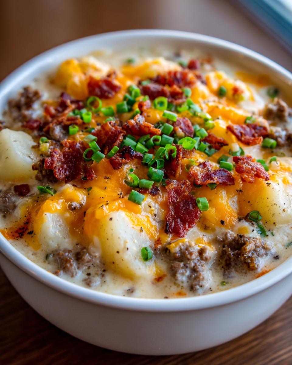 Close-up of a bowl of creamy crockpot cheeseburger soup featuring potatoes, ground beef, melted cheddar, bacon bits, and chives.