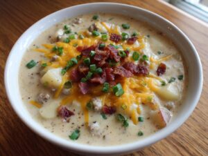 A close-up of a hearty bowl of crockpot cheeseburger soup, topped with melted cheddar, bacon bits, and green onions.