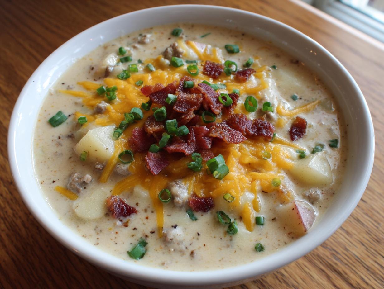 A close-up of a hearty bowl of crockpot cheeseburger soup, topped with melted cheddar, bacon bits, and green onions.
