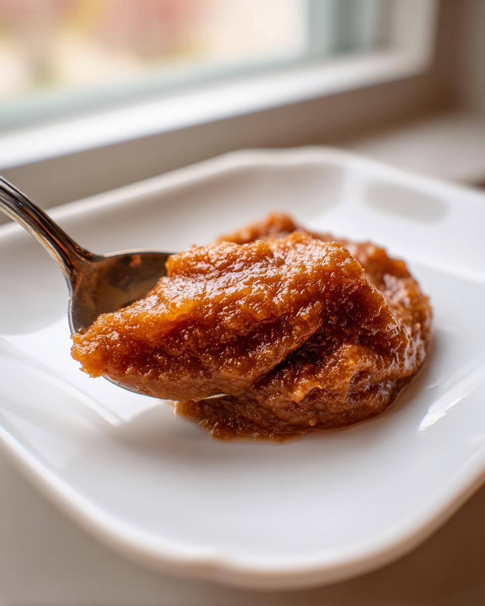 A spoonful of thick, rich brown pear butter resting on a white plate near a window.