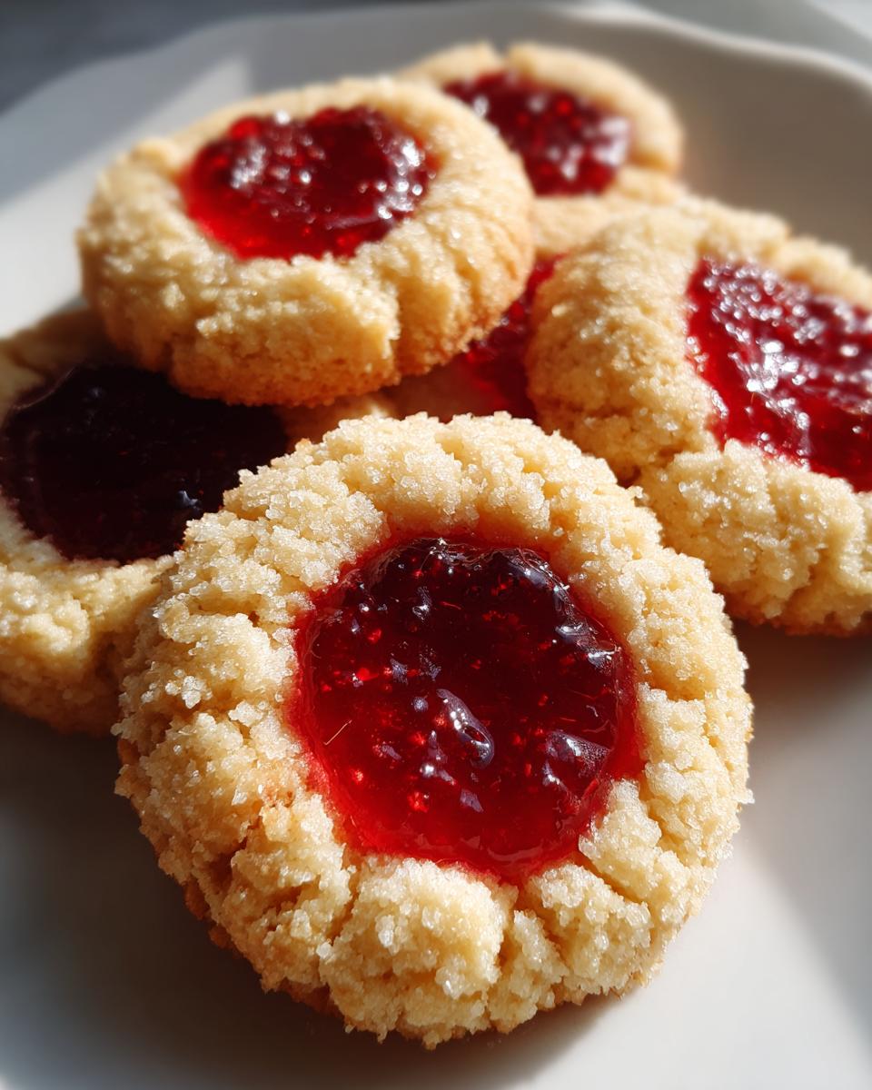 Close-up of several golden, crumbly thumbprint cookies filled with bright red raspberry jam.