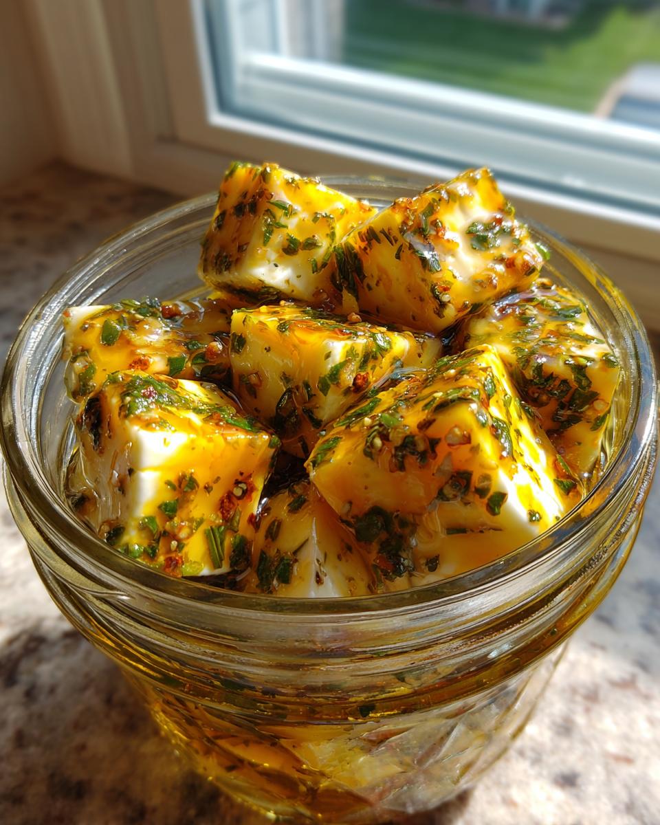 Close-up of cubed white cheese soaking in yellow oil and green herbs, ready to serve as marinated cheese.