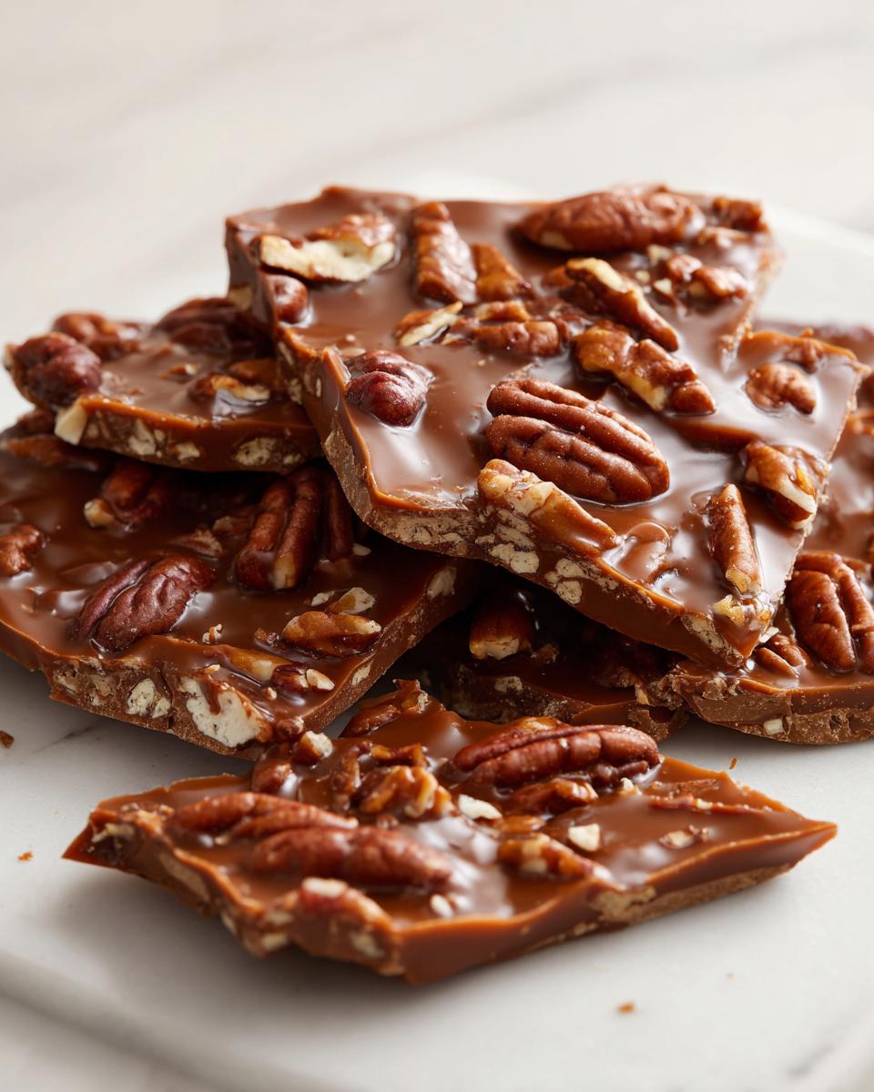 Close-up of broken pieces of glossy pecan pie bark topped generously with whole and chopped pecans.