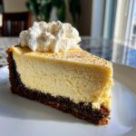 A perfect slice of creamy eggnog cheesecake recipe topped with whipped cream and nutmeg.