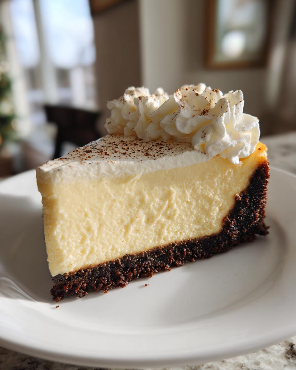 A perfect slice of creamy eggnog cheesecake with a dark crust, topped with whipped cream and nutmeg.